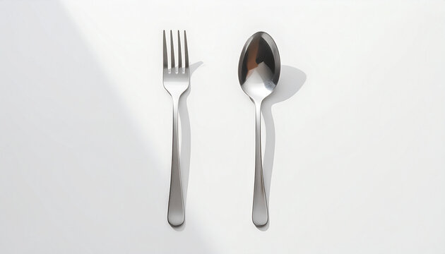 Spoon and fork placed parallel on white background with soft shadow