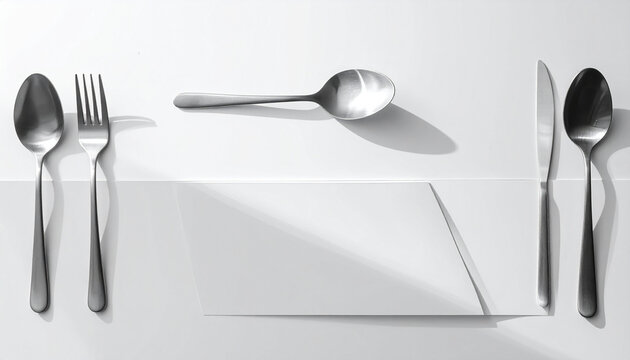 Spoon, fork, and knife utensils arranged on white table with napkin, modern minimalist still life composition.