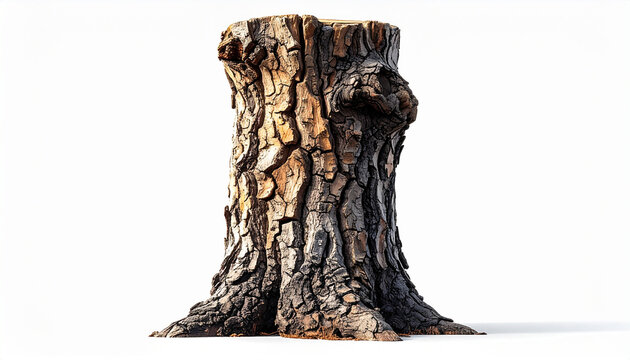 A realistic tree trunk with rough bark texture stands isolated on a white background.