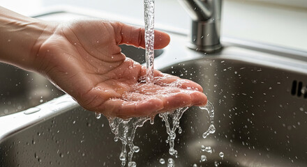 Fototapeta premium Hand under running water from kitchen sink with splashes around 