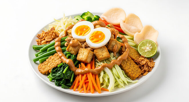 A vibrant plate of Gado-Gado, an Indonesian salad with mixed vegetables, tofu, tempeh, hard-boiled eggs, and peanut sauce, garnished with krupuk and lime.
