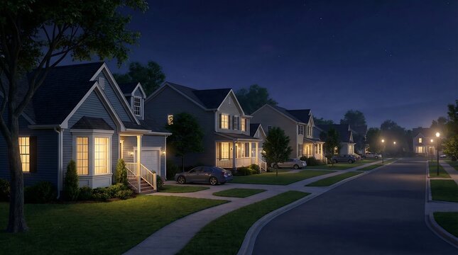 Suburban neighborhood street with houses and cars at night