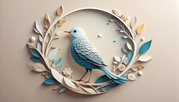 Delicate blue bird in a circular pastel leaf wreath, elegant 3D paper craft illustration on a light background, spring nature art