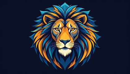 Obraz premium Majestic stylized lion head illustration with a powerful and fierce expression in blue and golden hues, vector graphic design.