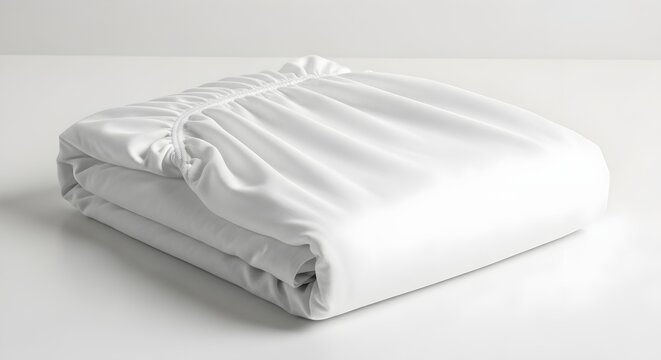 A neatly folded white fitted sheet with elastic corners on top of a smooth white background ideal for home goods advertising and bedding product showcases