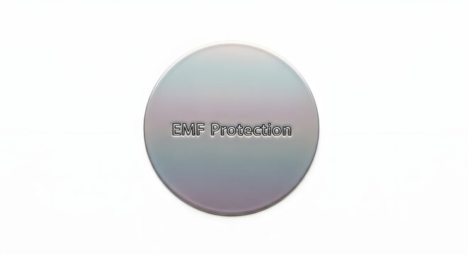 A shiny silver circle with EMF Protection text on a white background for health and technology advertising and product packaging design