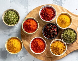 Fototapeta premium Assortment of vibrant spices and herbs in small bowls on a wooden cutting board, showcasing a variety of colors and textures for culinary use.