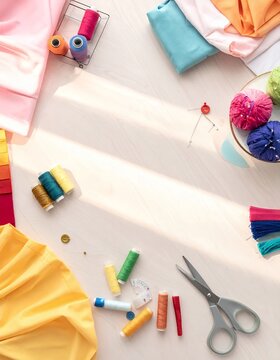 Creative Sewing and Crafting Supplies on a White Tabletop.