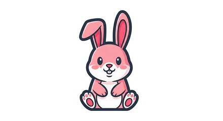 Obraz premium A cute pink cartoon bunny holding a celebration egg in a happy spring illustration for an Easter holiday card
