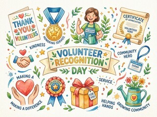 Fototapeta premium Watercolor individual elements, Volunteer Recognition Day themed, Vibrant colors