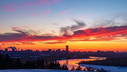 Naklejka premium A serene winter cityscape at sunset with a river and trees