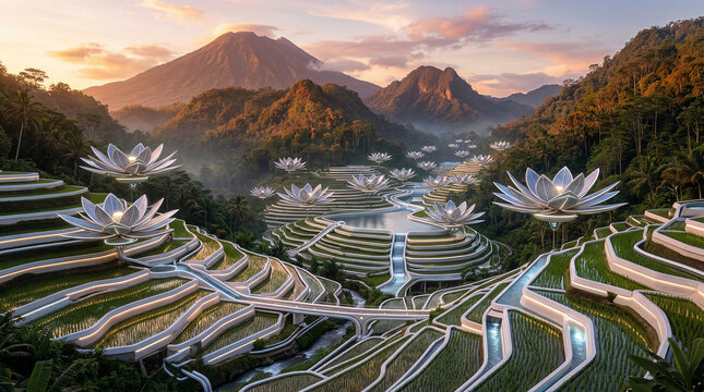 Futuristic sustainable agriculture with bio-mimetic solar lotus energy collectors in terraced rice fields at sunset