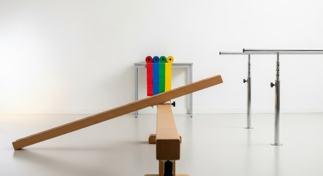 A brightly lit clinical space features a wooden balance beam, colorful resistance bands, and a set of parallel bars for physical recovery, exercise, clinical, care