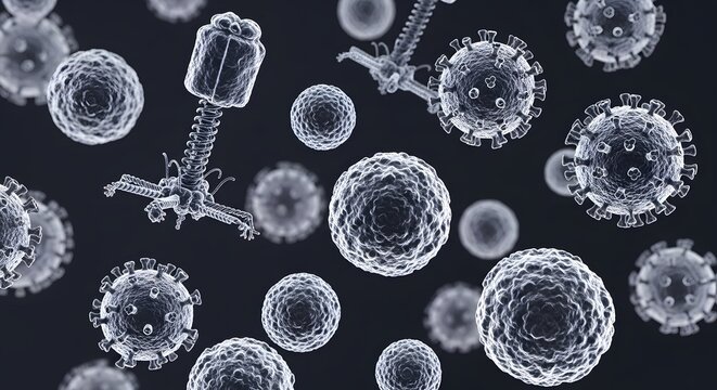 Microscopic view of viruses and bacteriophages in a scientific illustration.
