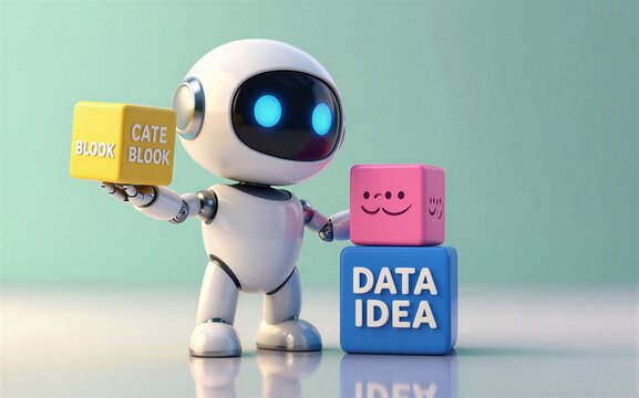Two robots share blocks: "Cate Blook" smiling face and "Data Idea."