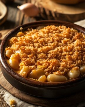 Close up of a lima bean casserole with golden crust served in a bowl