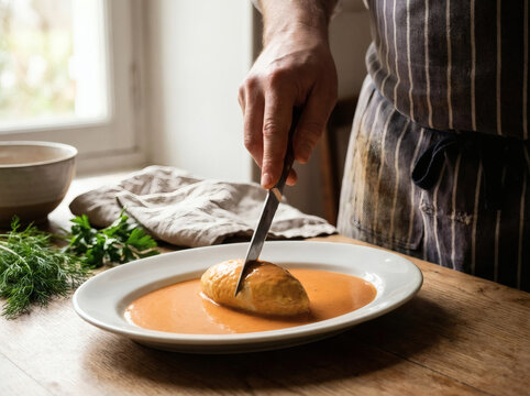 Chef Cutting Quenelle de Brochet in Nantua Sauce, Artisanal Style