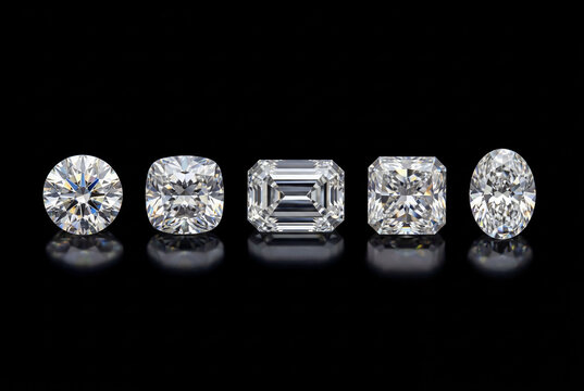 Row of five different diamond cuts including round and emerald shapes on black