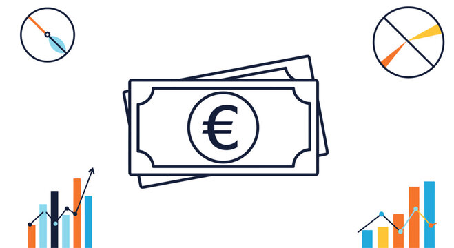 Euro banknotes with financial charts graphs and compass representing economy investment and global markets vector illustration.