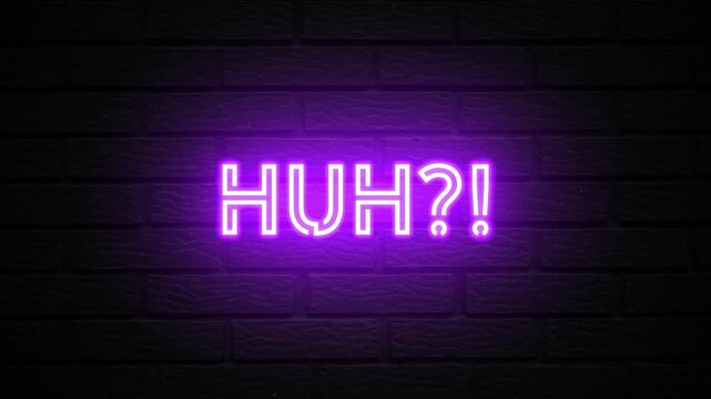 Purple Neon Huh! text animation. Glowing Huh looping motion. flicker text 4k video.