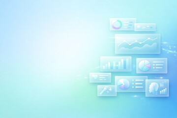 Naklejka premium 3D Futuristic Data Analytics Dashboard Concept with Glass morphism UI Charts AI Head and Business Graphs on Light Blue Background