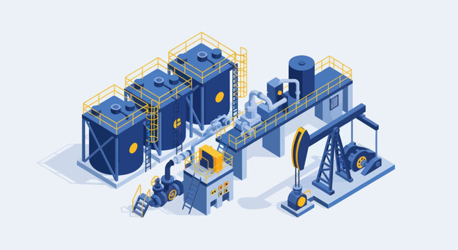 Oil extraction and processing industrial complex with pumpjack and storage tanks.
