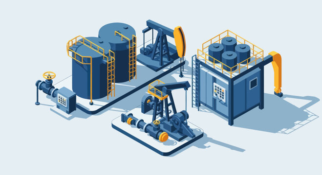 Oil extraction and processing industrial complex with pumpjacks and storage tanks.