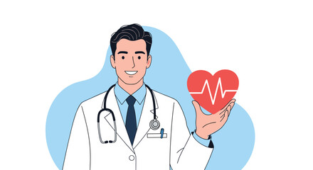 Fototapeta premium Professional male doctor in a white lab coat holds a red heart symbol with an electrocardiogram pulse line for health care.