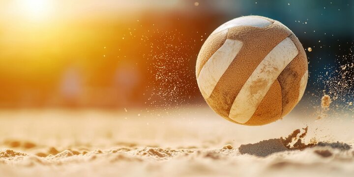 A volleyball is captured mid-air above a sandy beach with sunlight glowing in the background.