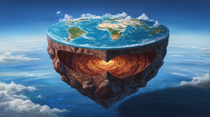 Fototapeta premium A cutaway Earth core reveals an azure ocean with floating islands, defying natural laws. 
