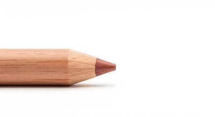 Fototapeta premium Close up of a brown colored pencil tip on a white background showing the wooden casing and sharpened point ideal for art supplies and creative tools