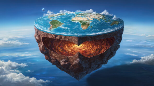 A cutaway Earth core reveals an azure ocean with floating islands, defying natural laws.
