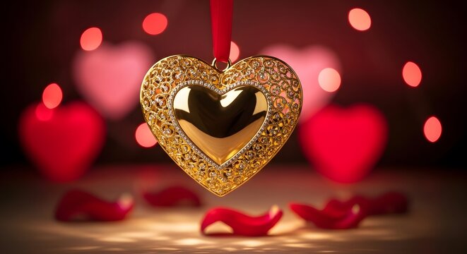 Dazzling golden glitter heart ornament hanging against a romantic dark background with blurred red bokeh lights, symbolizing love and celebration.