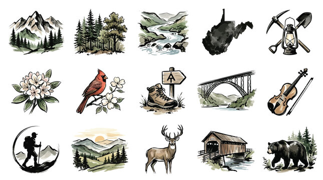 A collection of watercolor illustrations depicting iconic elements of West Virginia's natural beauty, culture, and outdoor activities.