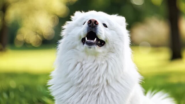Closeup Portrait of a Happy Samoyed Dog Outdoors in a Park.