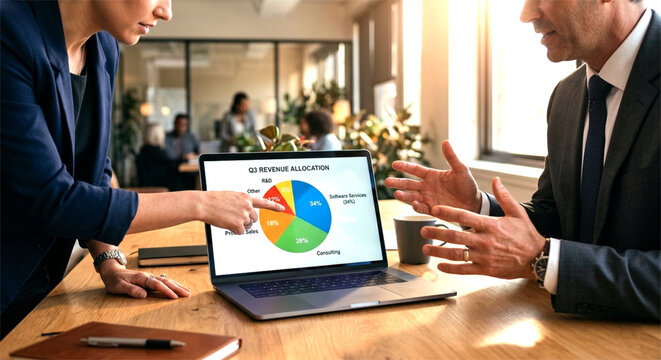 Close up of business team discussing quarterly revenue allocation and financial growth on laptop.