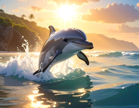 A dolphin jumps out of the ocean with a sunny sky