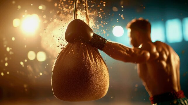 A boxer delivers a powerful uppercut to the bottom of a hanging sandbag