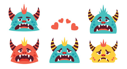 Obraz premium Cute blue red and yellow monster faces with horns and various emotional expressions are arranged in a comprehensive set.