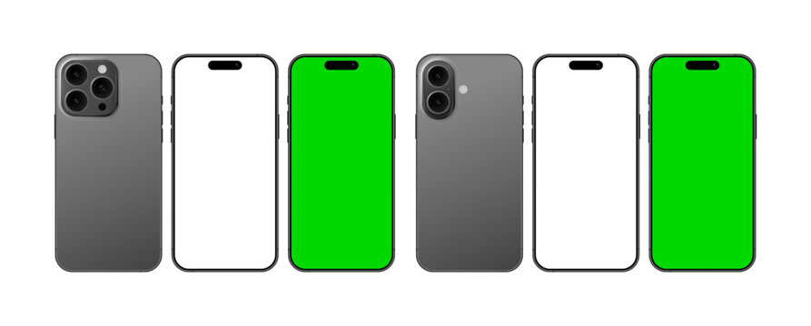 Modern mobile phone devices in blank and green screen, mockup template set for advertisement. Smartphone in front and back angle vector illustration