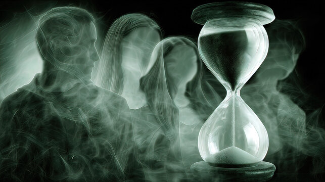 An hourglass with liquid time dripping away, surrounded by faint ghostly silhouettes, symbolizing fleeting moments of life.
