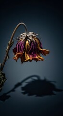Fototapeta premium A single withered flower sags against a dark, moody backdrop with long shadows, representing cold isolation and a deep sense of sadness, botanical, low key, gloom