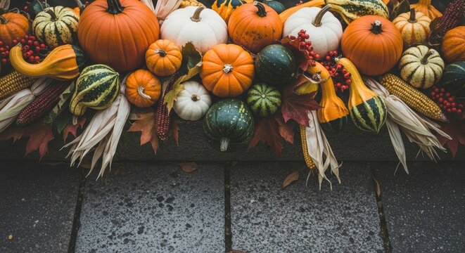 Assorted pumpkins and squash on wooden crate on stone floor gourds corn fall