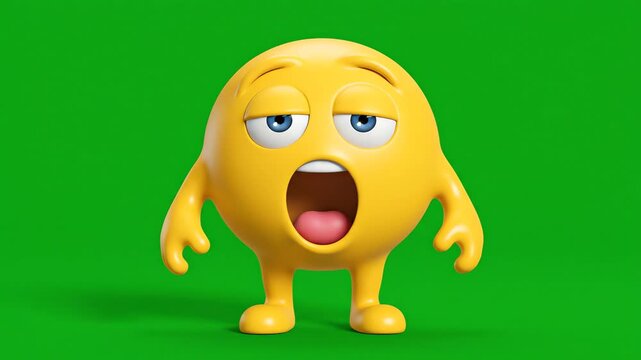 Tired yellow emoji character with droopy eyes and open mouth yawning, animated on a green screen background