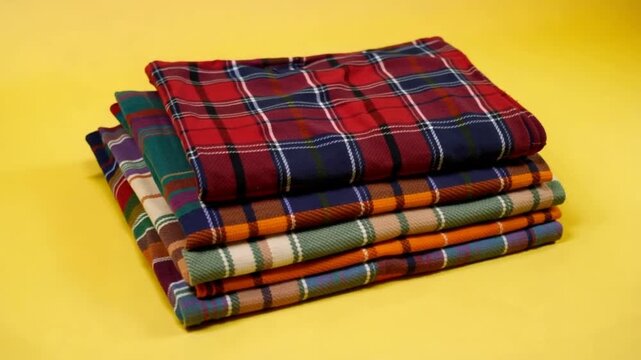 Stack of folded colorful plaid flannel shirts in various patterns including red, blue, and green tartans, arranged neatly on a solid bright yellow background in a studio setting.