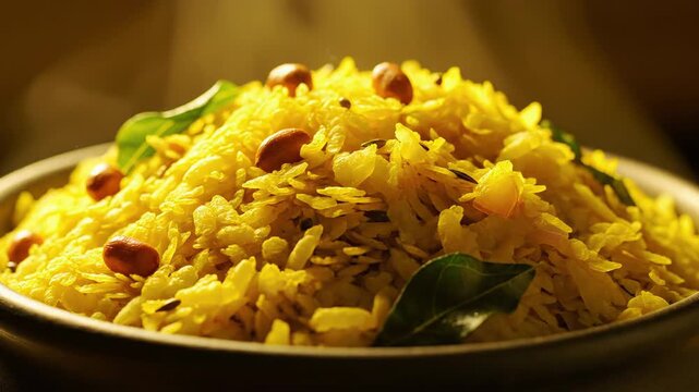 Indian breakfast dish poha, flattened rice flakes with peanuts and curry leaves, healthy vegetarian food closeup