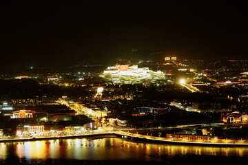Fototapeta premium High-angle perspective of night panoramic view of Lhasa, Tibet, China