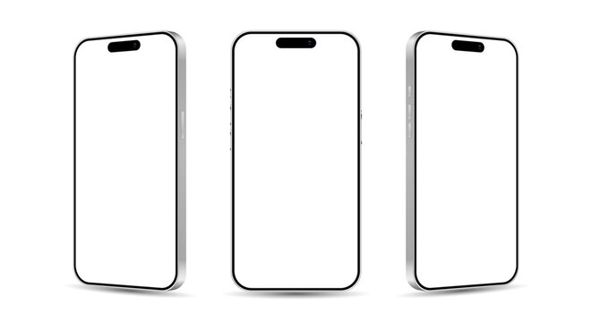 Silver smartphone devices in front and side angle for advertisement. Realistic mobile phones with blank screen, user interface mockup template set, vector illustration