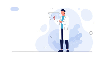 Fototapeta premium Doctor analyzing futuristic medical data on a transparent screen, innovation in healthcare