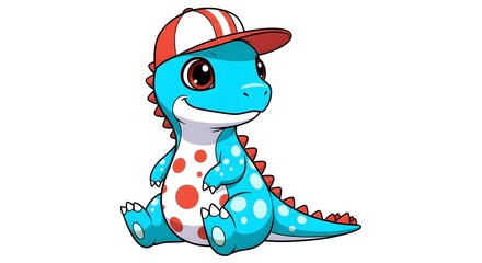 Cute cartoon baby dinosaur with polka dots wearing a red and white baseball cap © Selim